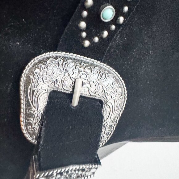 Jessica Simpson Black Suede Silver tone Buckle  Stud Detail Pointy Toe Booties 8 - Picture 8 of 9